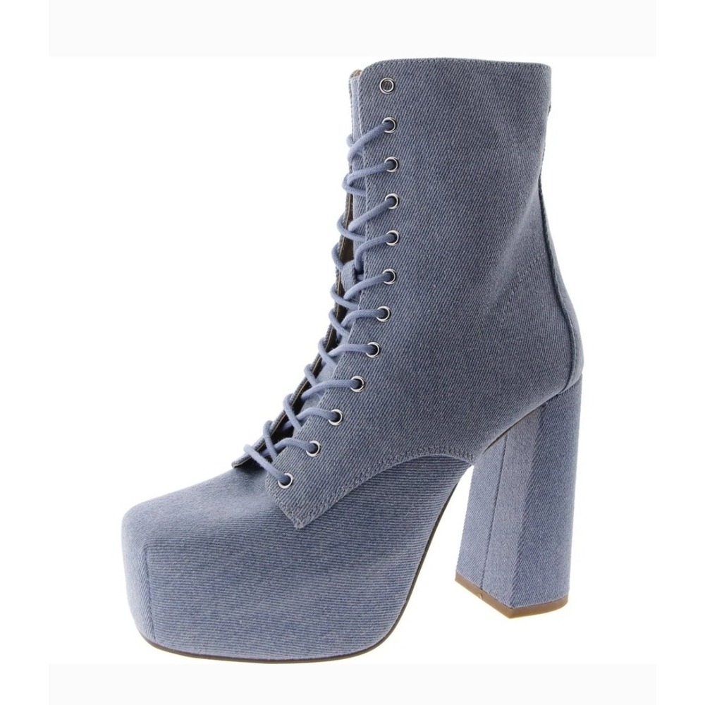 Steve Madden Confident Square Toe Block Heel Boots 7.5 M jean denim zip laces